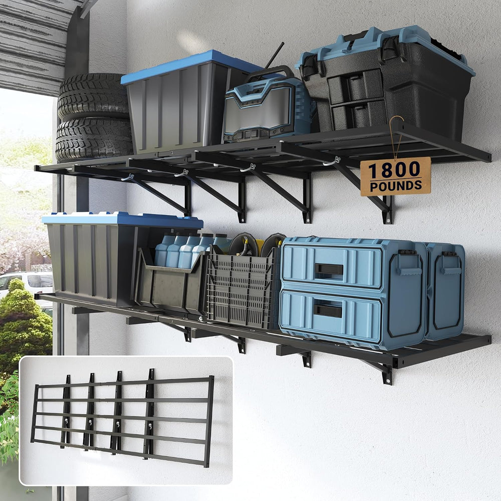 FLEXIMOUNTS Fold-Down 2-Pack 2x6ft Garage Wall Shelving, 1800lbs Load,Black