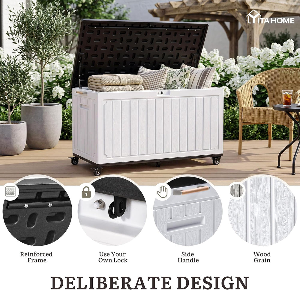 YITAHOME 90 Gallon Outdoor Storage Box with 6 Swivel Wheels & Dual Wooden