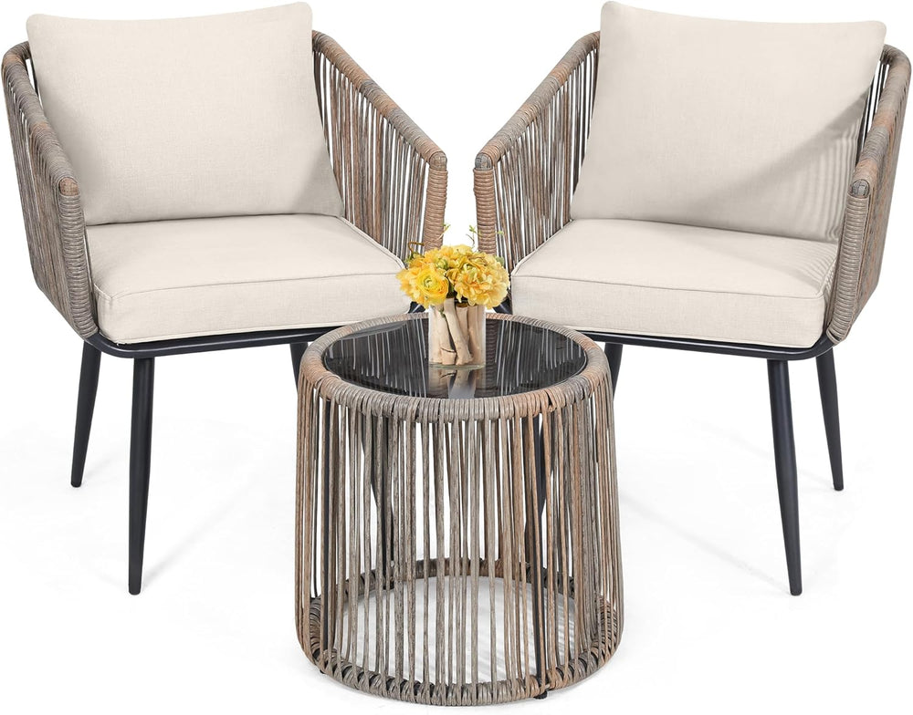 3-Piece Patio Rattan Bistro Conversation Set, Beige