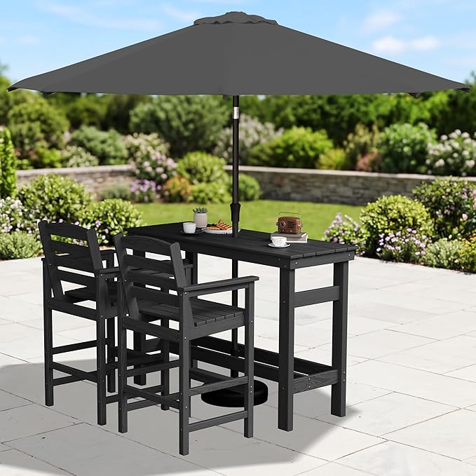 SERWALL Outdoor Bar Set with 9ft Umbrella, All-Weather HDPE Patio Bar Chairs ...