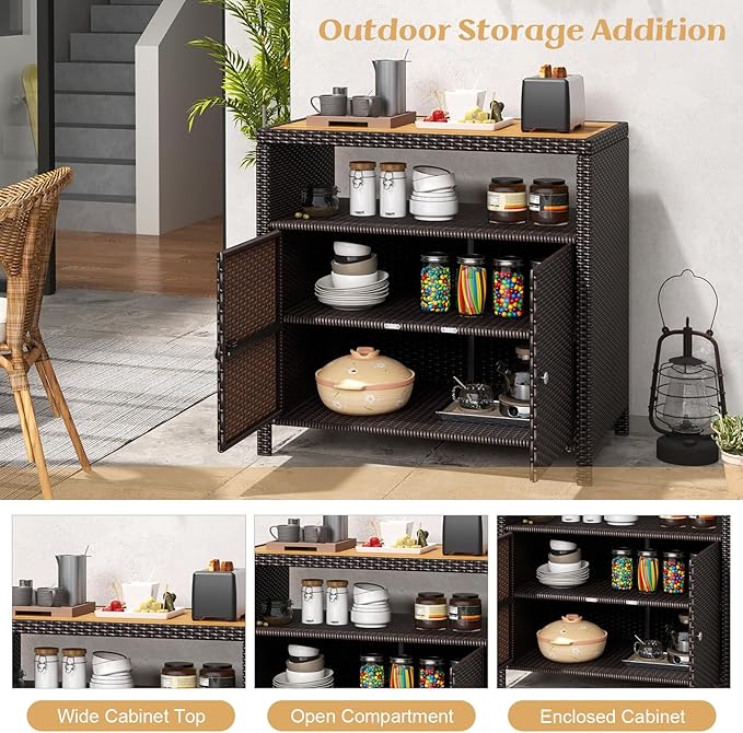 Tangkula Rattan Outdoor Storage Cabinet, Patiojoy Outdoor Cabinet with Acacia...