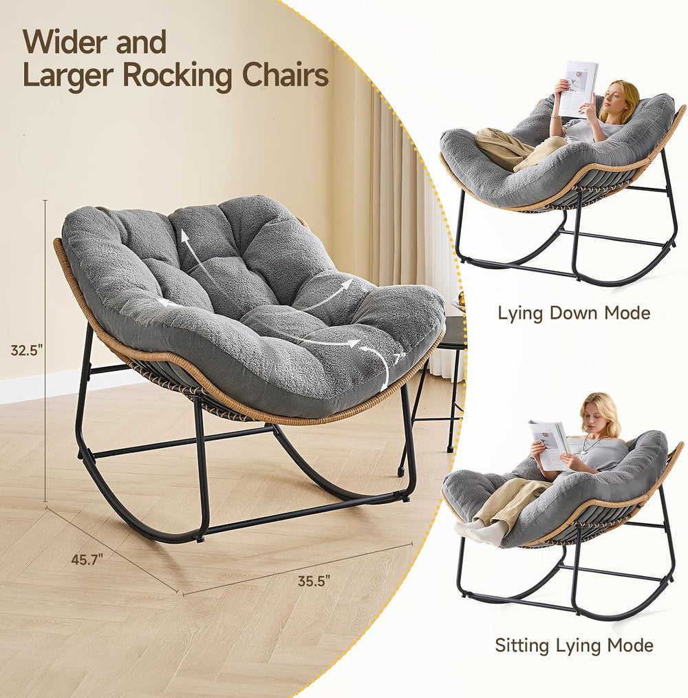 ONBRILL Outdoor Rocking Chairs, Oversized Papasan Rocking Chair, Gray
