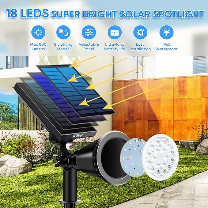 KEV Solar Spot Lights Outdoor,18 LEDs Solar Flood Lights with 8 Modes &Co...