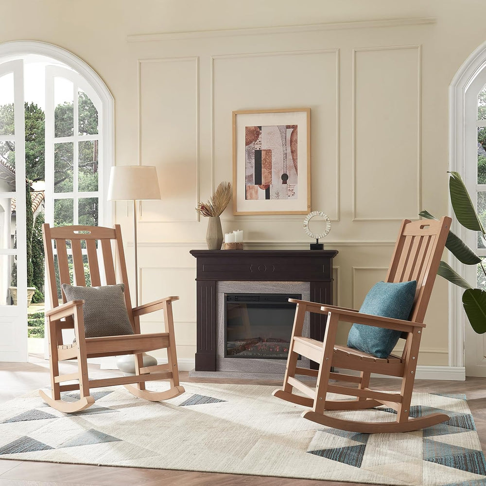 Psilvam Oversized Outdoor Rocking Chair, HDPE Porch Rocker (Teak)