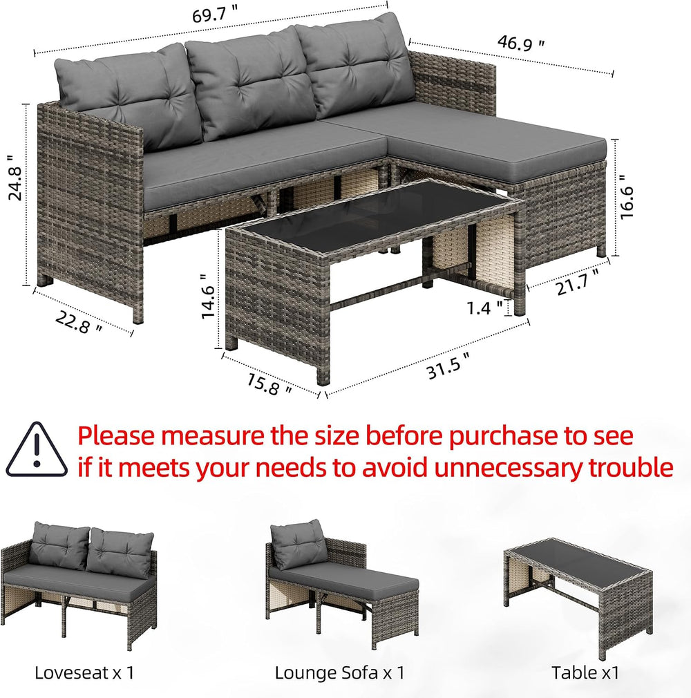 Shintenchi 3 Pieces Outdoor Patio Furniture Set, Wicker Patio Conversation Se...