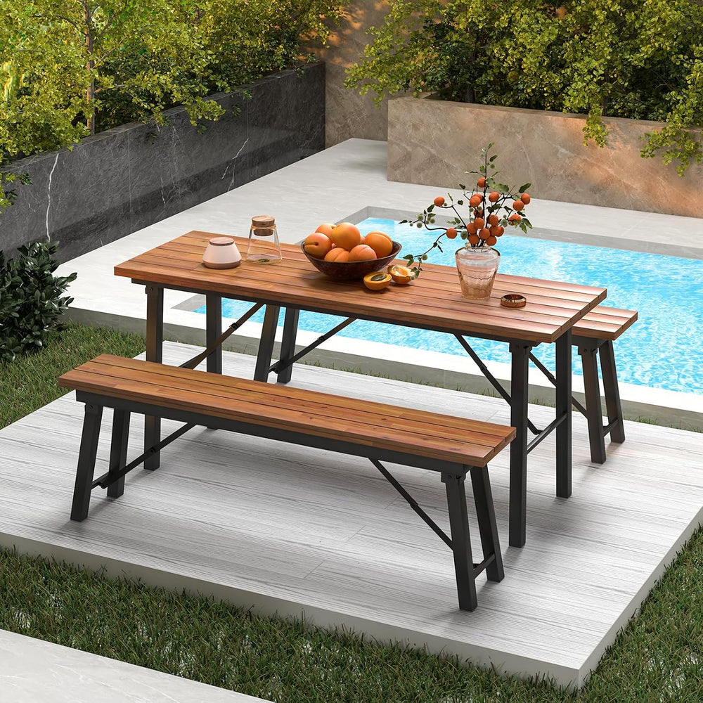 HAPPYGRILL Folding Picnic Table Bench Set, Acacia Wood Dining Table Bench w/M...