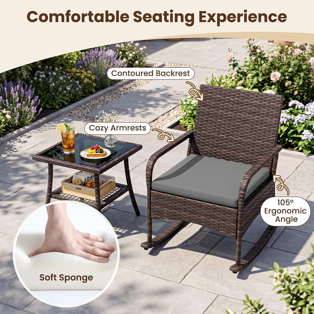 Tangkula 3-Piece Outdoor Wicker Rocking Bistro Set with 2-Tier Coffee Table