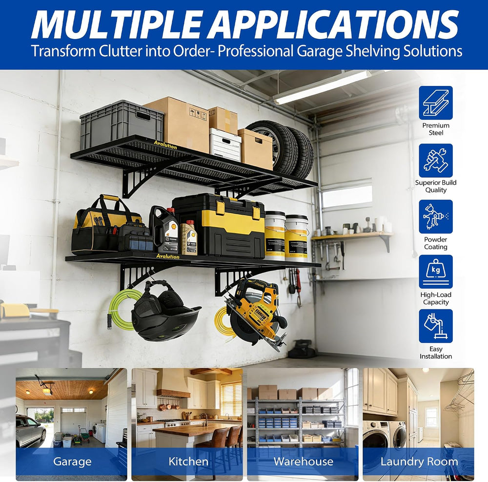 Avalution 2 Pack 1.64x4ft Garage Shelving Wall Mounted with Hooks,650lbs
