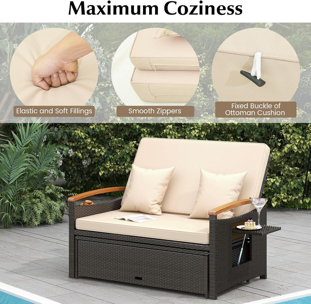 Moccha Outdoor Wicker Daybed, Patio Rattan Loveseat Sofa w/ 4-Level Adjustabl...