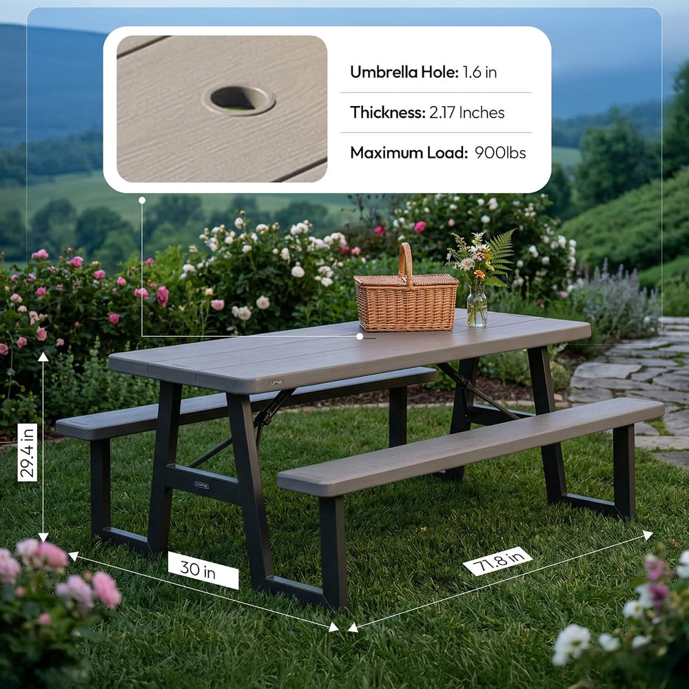 LIFETIME 6-Foot Folding Picnic Table with Benches, Seats 8, Heavy-Duty HDPE T...
