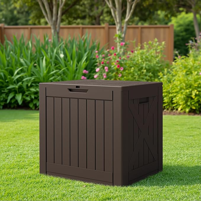 JUMMICO 42 Gallon Deck Box Waterproof, Resin Outdoor Storage Box with Side Ha...