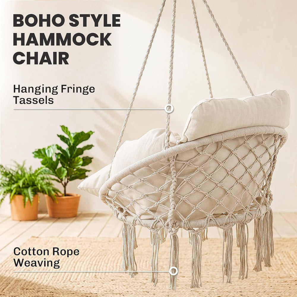 Outsunny Hammock Swing Chair w/ Large Cushion Cotton Rope Chain Cream White