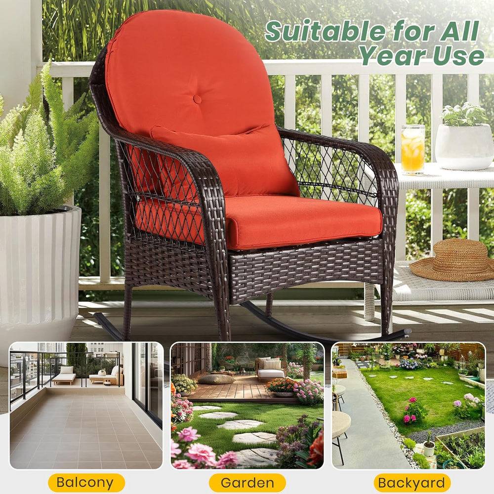 LVUYOYO Outdoor Wicker Rocking Chair, Patio Rattan Rocker Chair with Cushions...