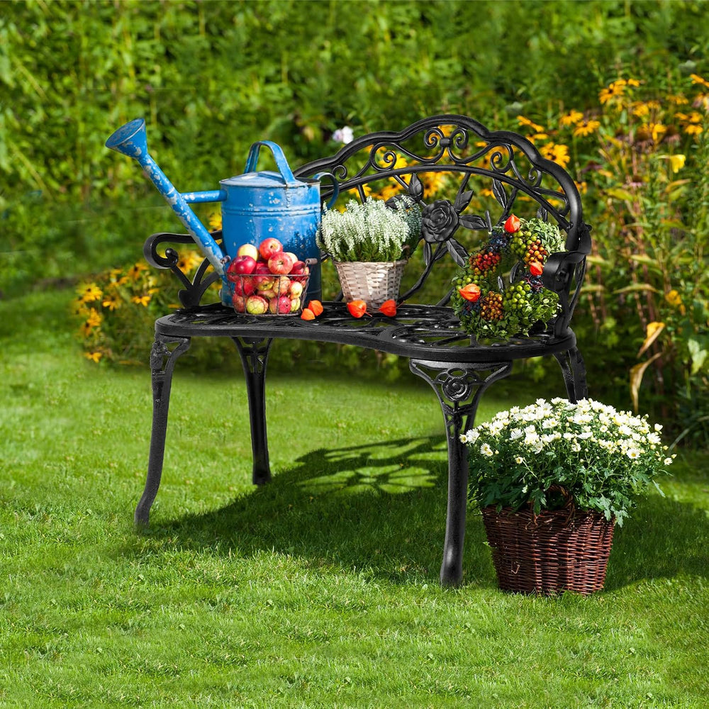 Patio Garden Bench, 38" Cast Aluminum Outdoor Chair Anti-Rust Weather Re...