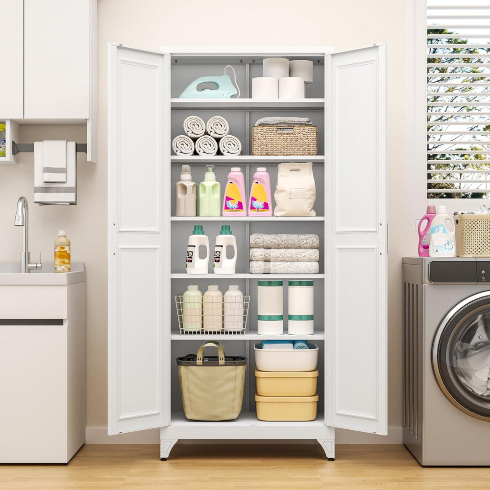 75" White Metal Storage Cabinet with Doors, Heavy Duty