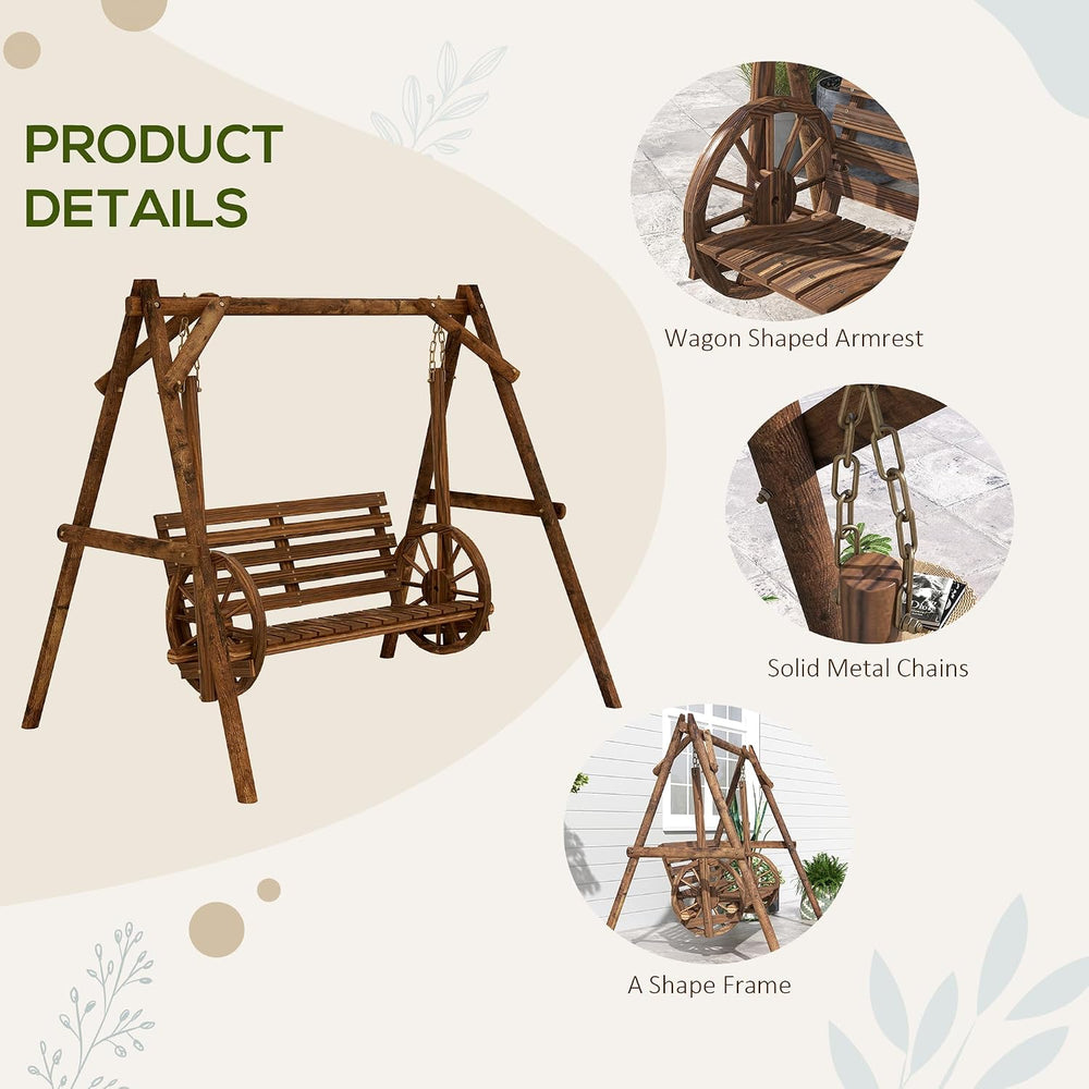 Outsunny 2-Seat Porch Swing A-Frame Stand Wooden Log Patio Carbonized Brown