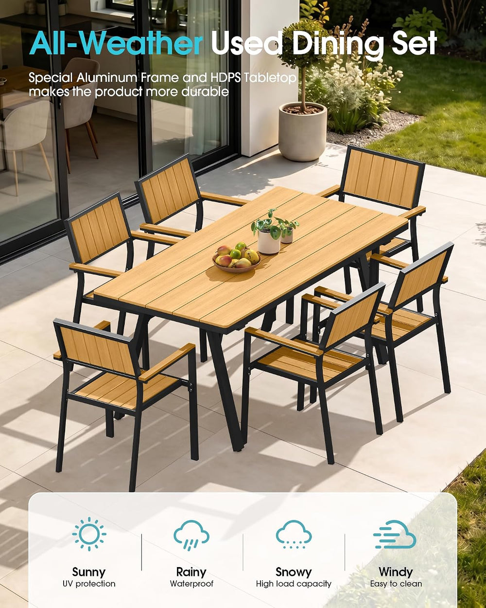 Aluminum Outdoor Dining Set of 6, Patio Table and Stackable Chairs, Teak
