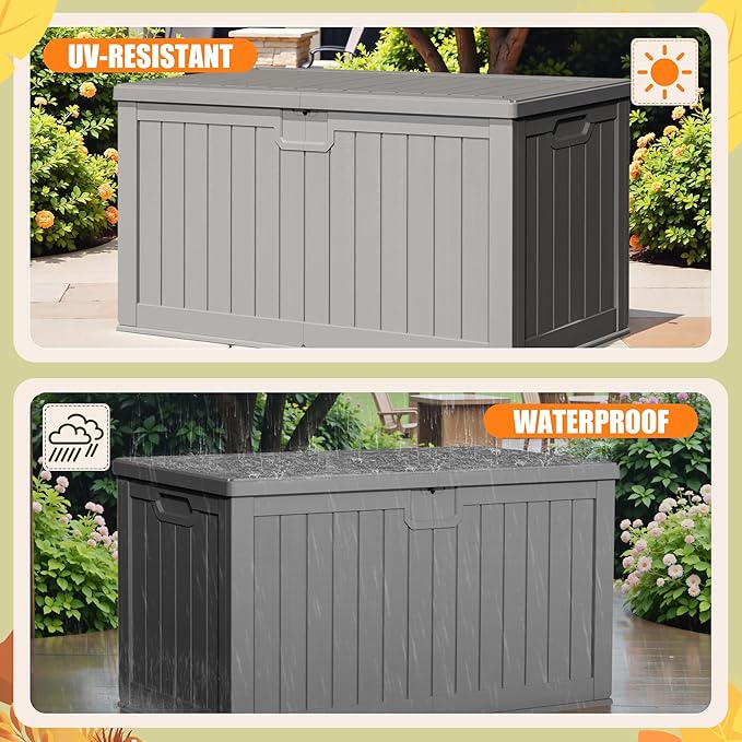 Devoko 240 Gallon Double-Wall Deck Box with Divider, Side Handles, Resin Outd...