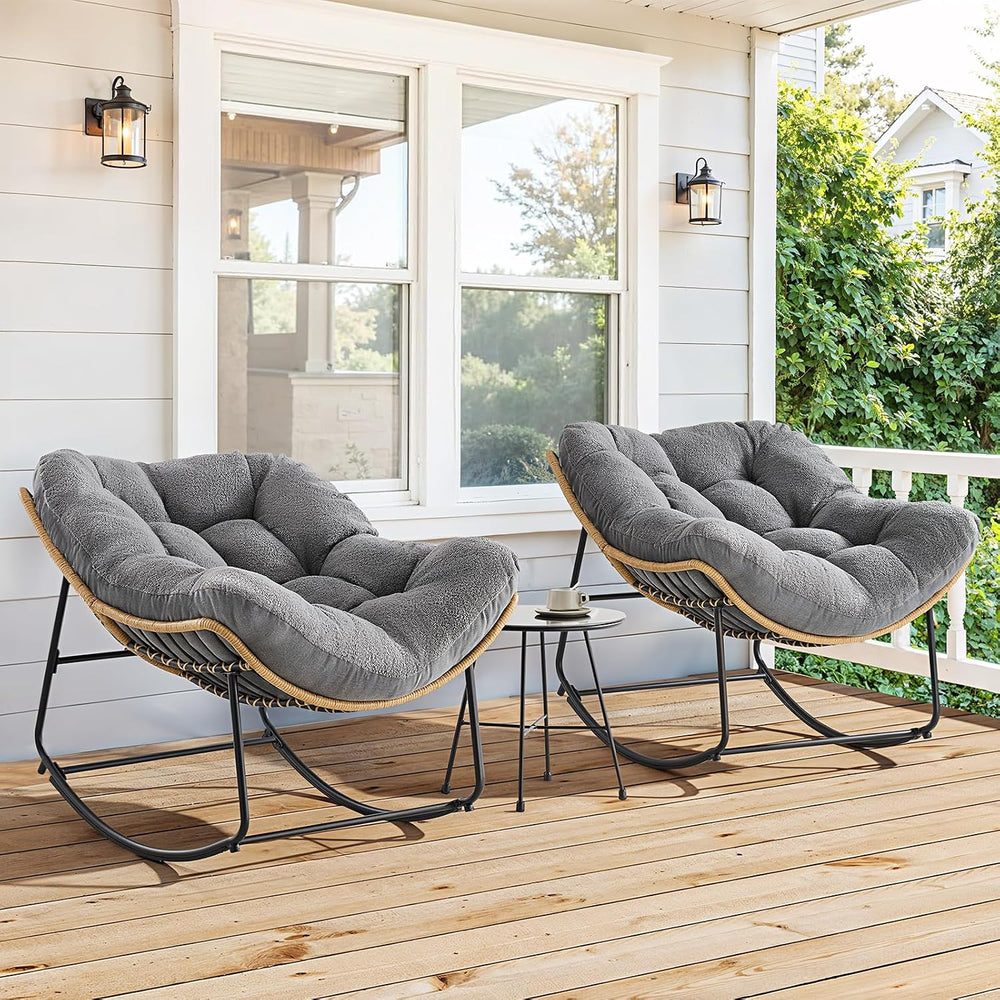 ONBRILL Outdoor Rocking Chairs, Oversized Papasan Rocking Chair, Gray