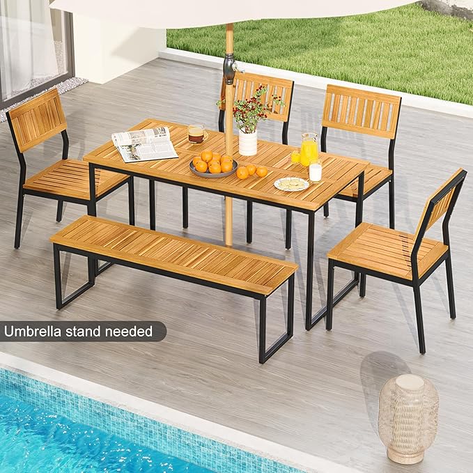 Tangkula 6 Pieces Outdoor Acacia Wood Dining Set, Patio Table and Chairs Set ...