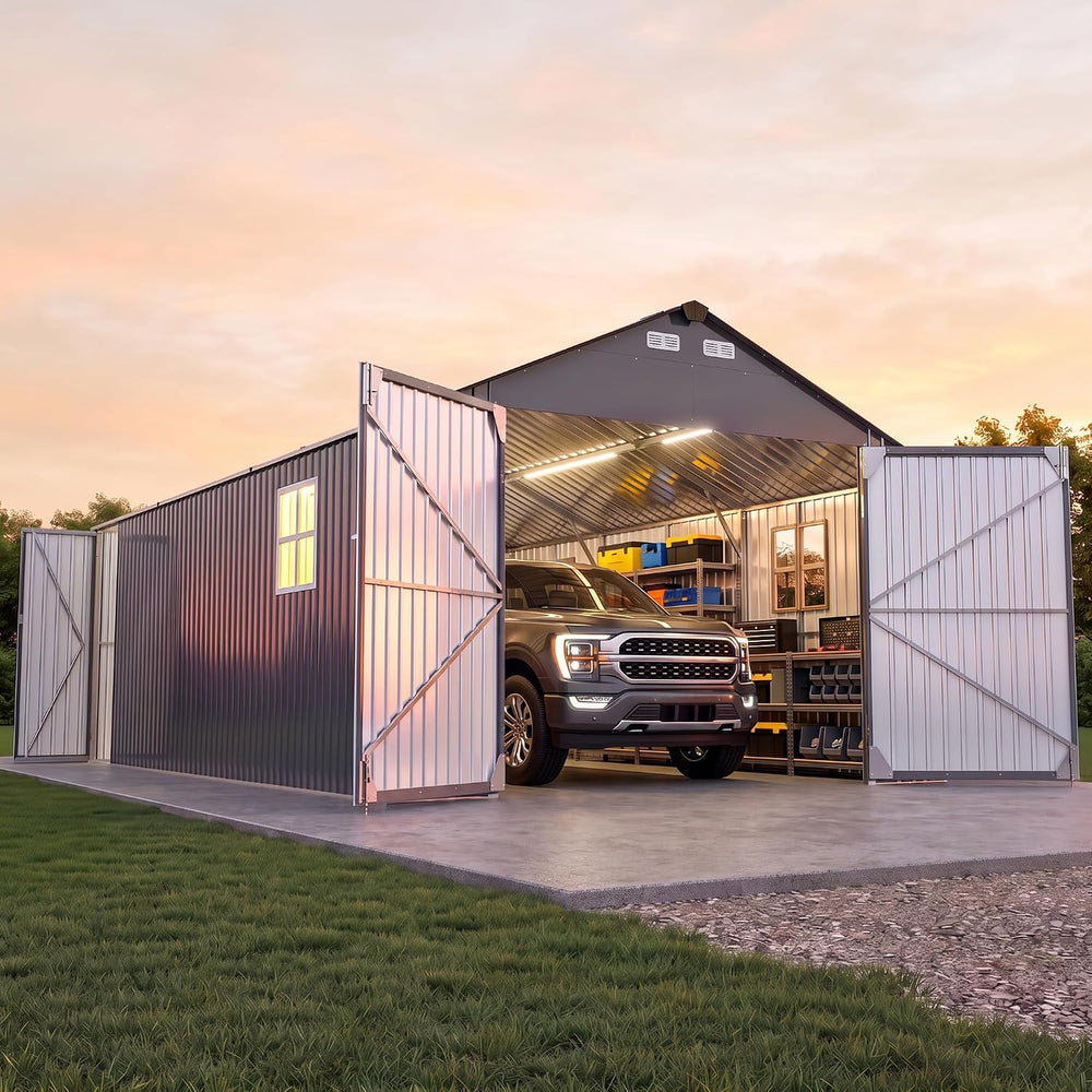 9.5FT Tall Outdoor Metal Garage 13x20FT, Built-In Solar Lights Storage Shed