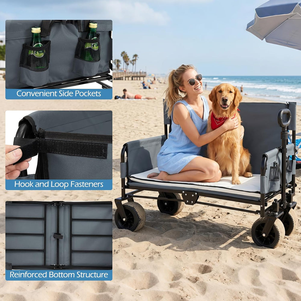 Goplus 2-in-1 Wagon Bench Seat Combo, Collapsible Folding Beach Cart with Adj...