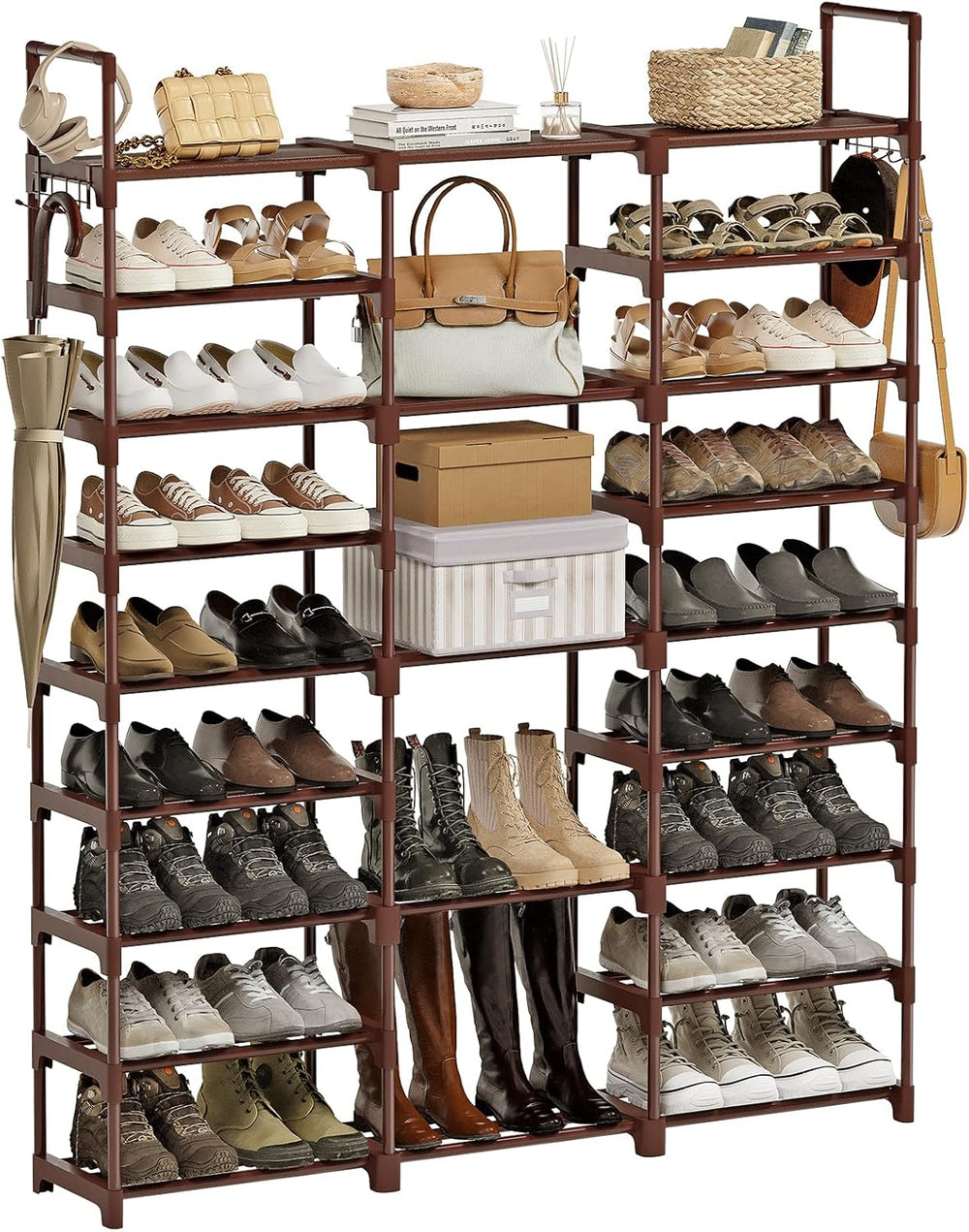 WOWLIVE 9 Tier 3-Column Shoe Rack, 50-55 Pairs Stackable Brown