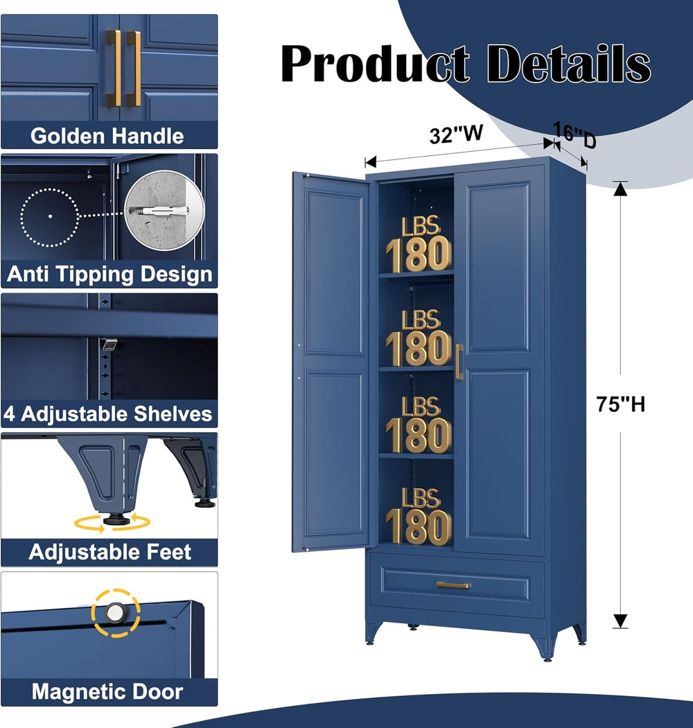 SteeLoong 75" Metal Storage Cabinet with Doors and 3 Adjustable Shelves