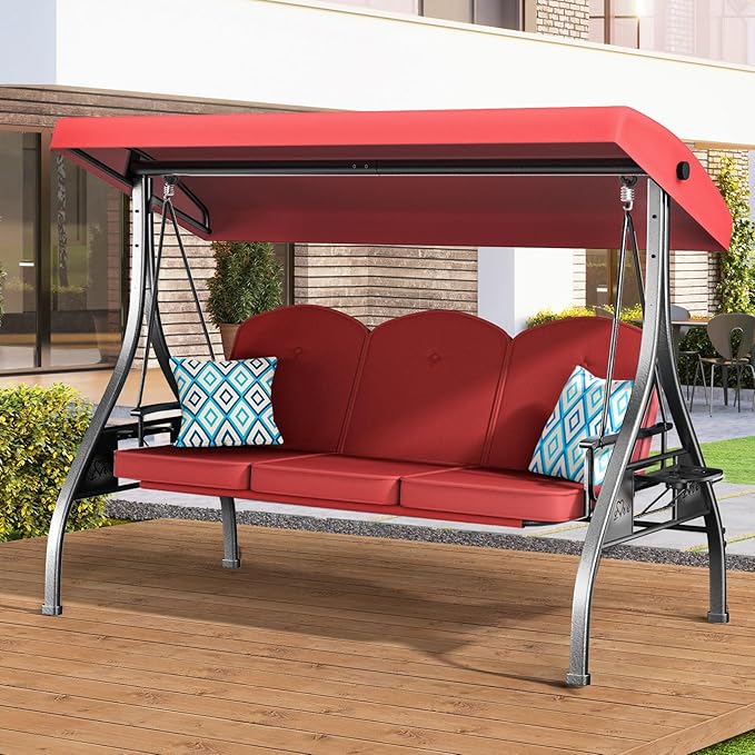 3 Seat Outdoor Porch Patio Swing with Stand 800lbs 2-in-1 Convertible Swing B...