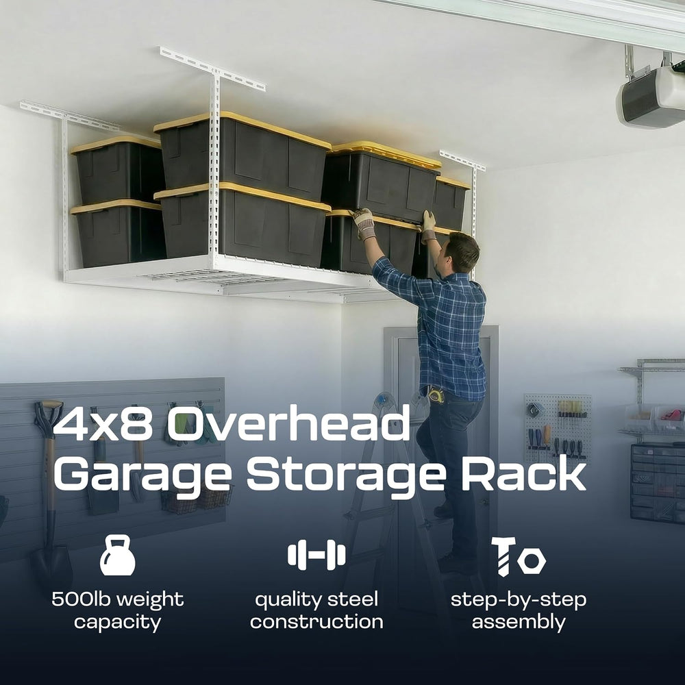 MonsterRax 4x8 Overhead Garage Storage Rack, White, 24"-45" Height