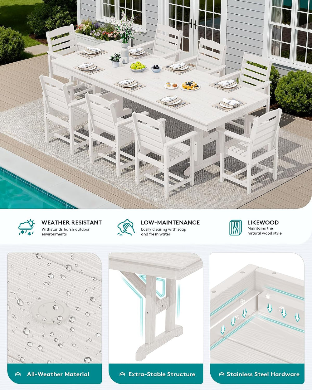 SERWALL 10Pcs 84" HDPE Outdoor Dining Set w/Armchairs & Umbrella,White