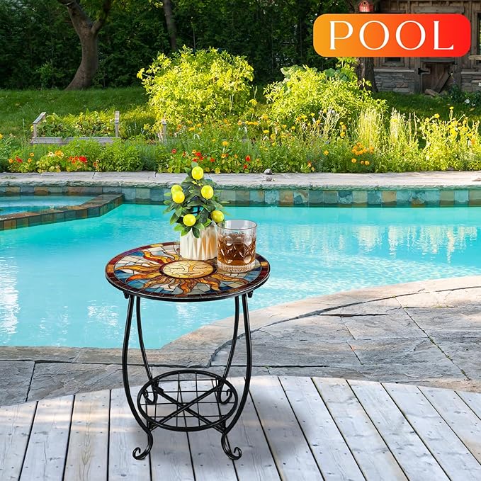Outdoor Side Table Round Small Mosaic Patio Accent Indoor End Plant Coffee Te...