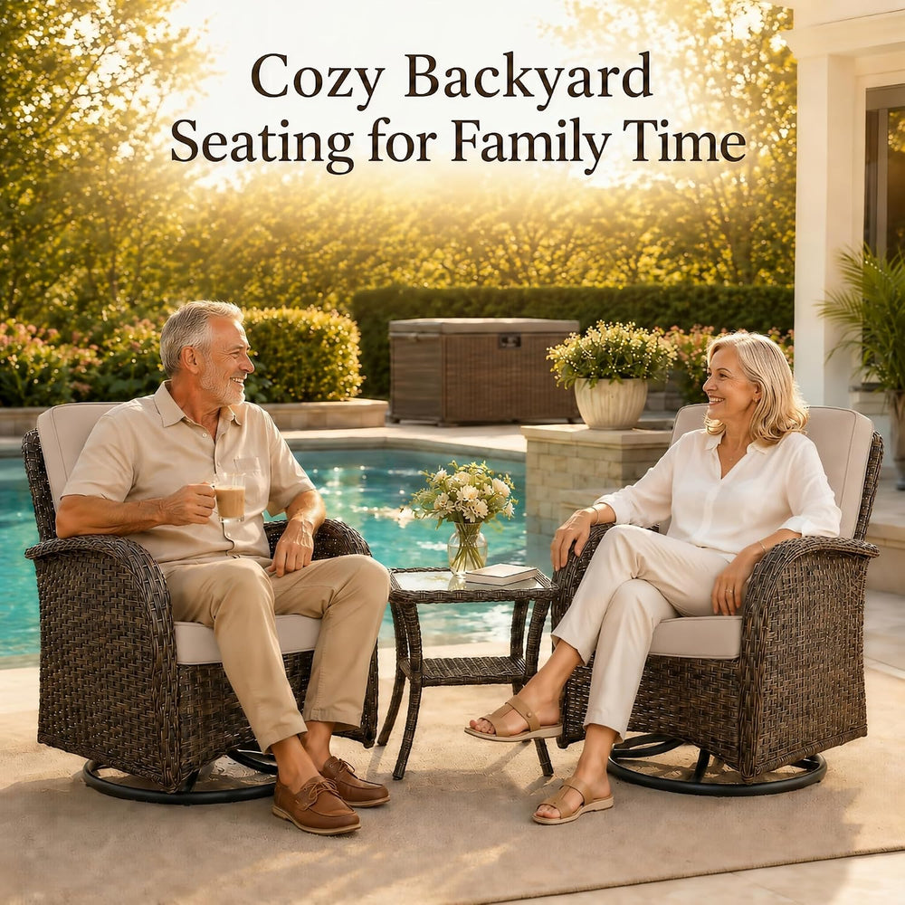 3 Piece Wicker Patio Swivel Rocker Set with Table, Brown/Beige