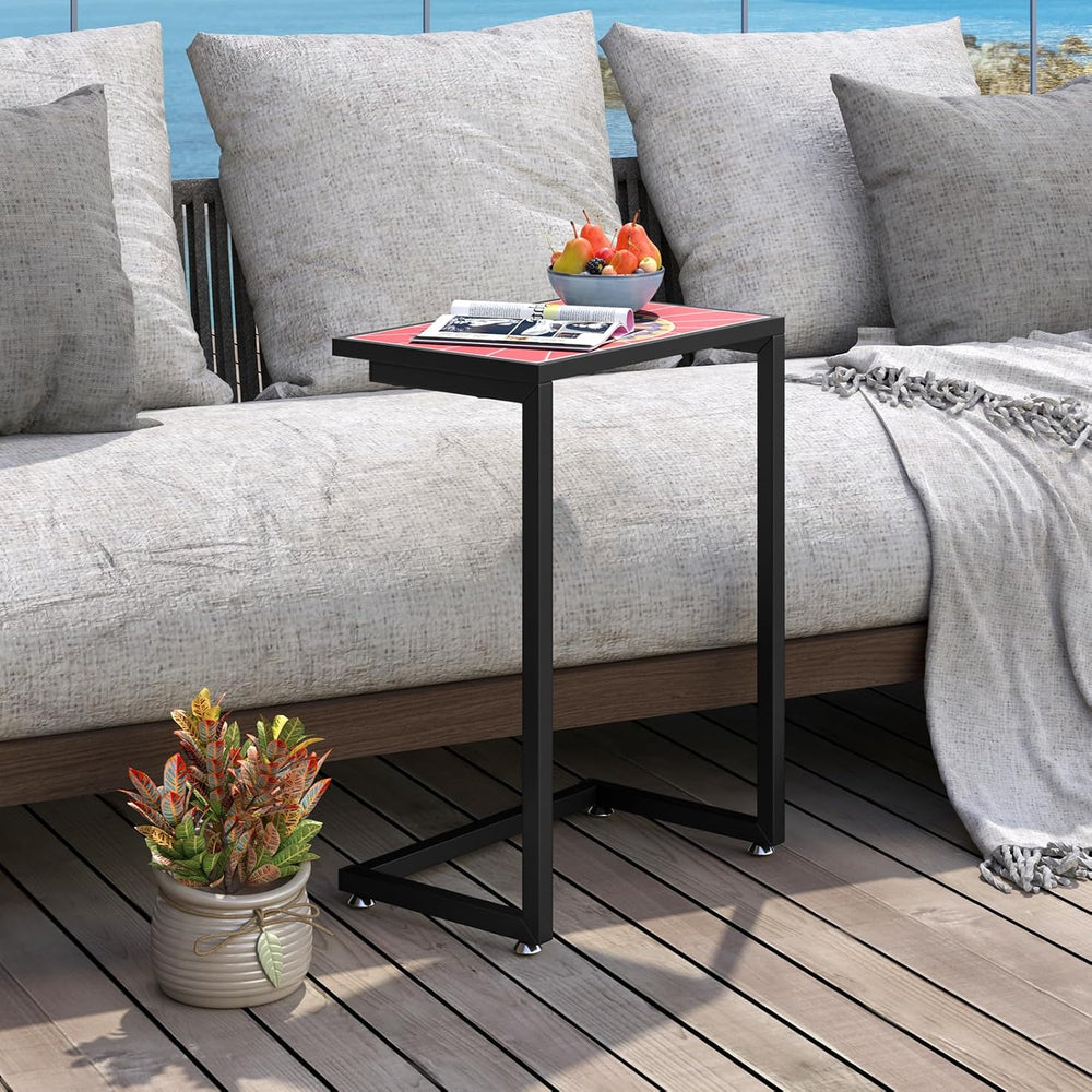 GIANTEX Mosaic C-Shaped Outdoor Side Table with Sturdy Metal Frame and Adjust...