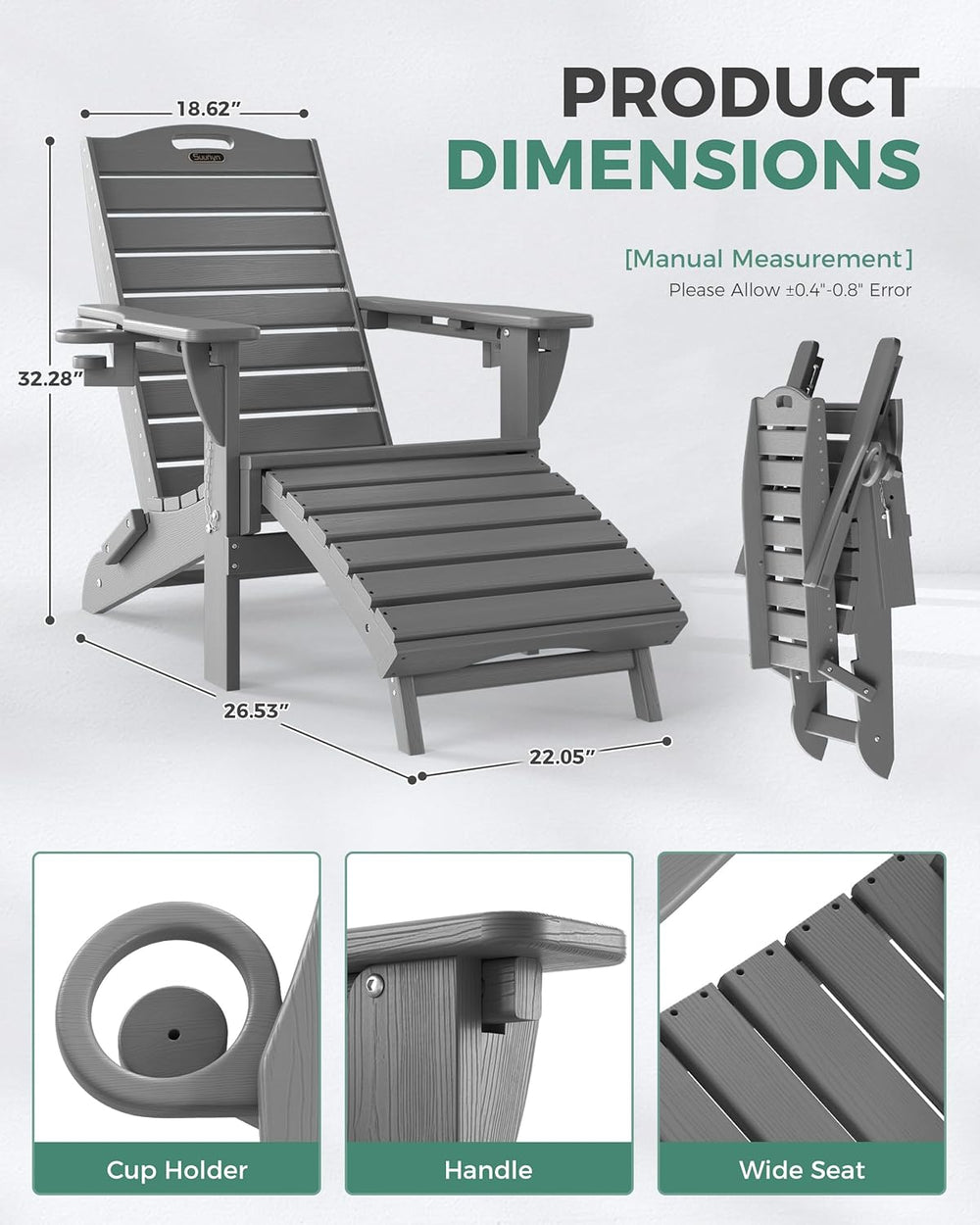 Adjustable Adirondack Chairs with Retractable Ottoman, HDPE Folding Adirondac...