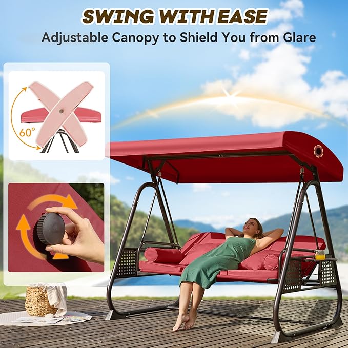 3 in 1 Outdoor Porch Swing with Adjustable Canopy, 3 Seat Outdoor Swing for A...