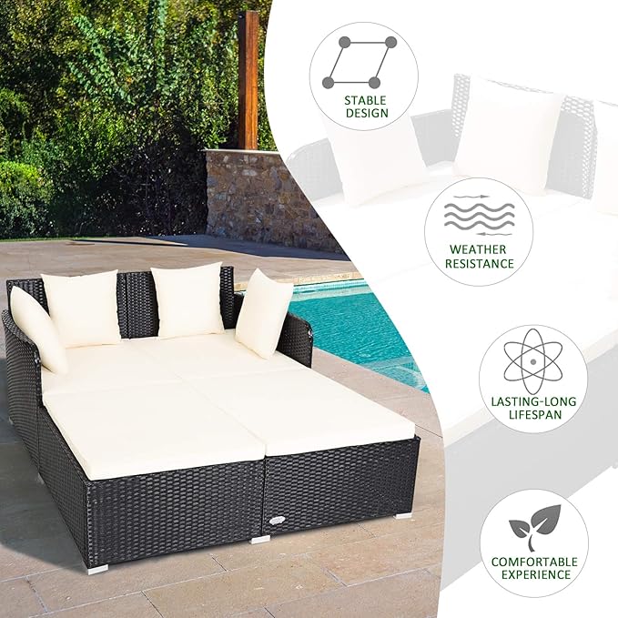 COSTWAY Outdoor Patio Rattan Daybed, Sponge Cushioned Loveseat Sofa with 4 Pi...