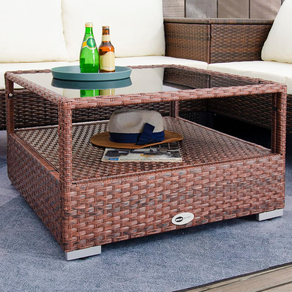 DIMAR GARDEN Outdoor Coffee Table Wicker Patio Rattan Side Table with Glass T...