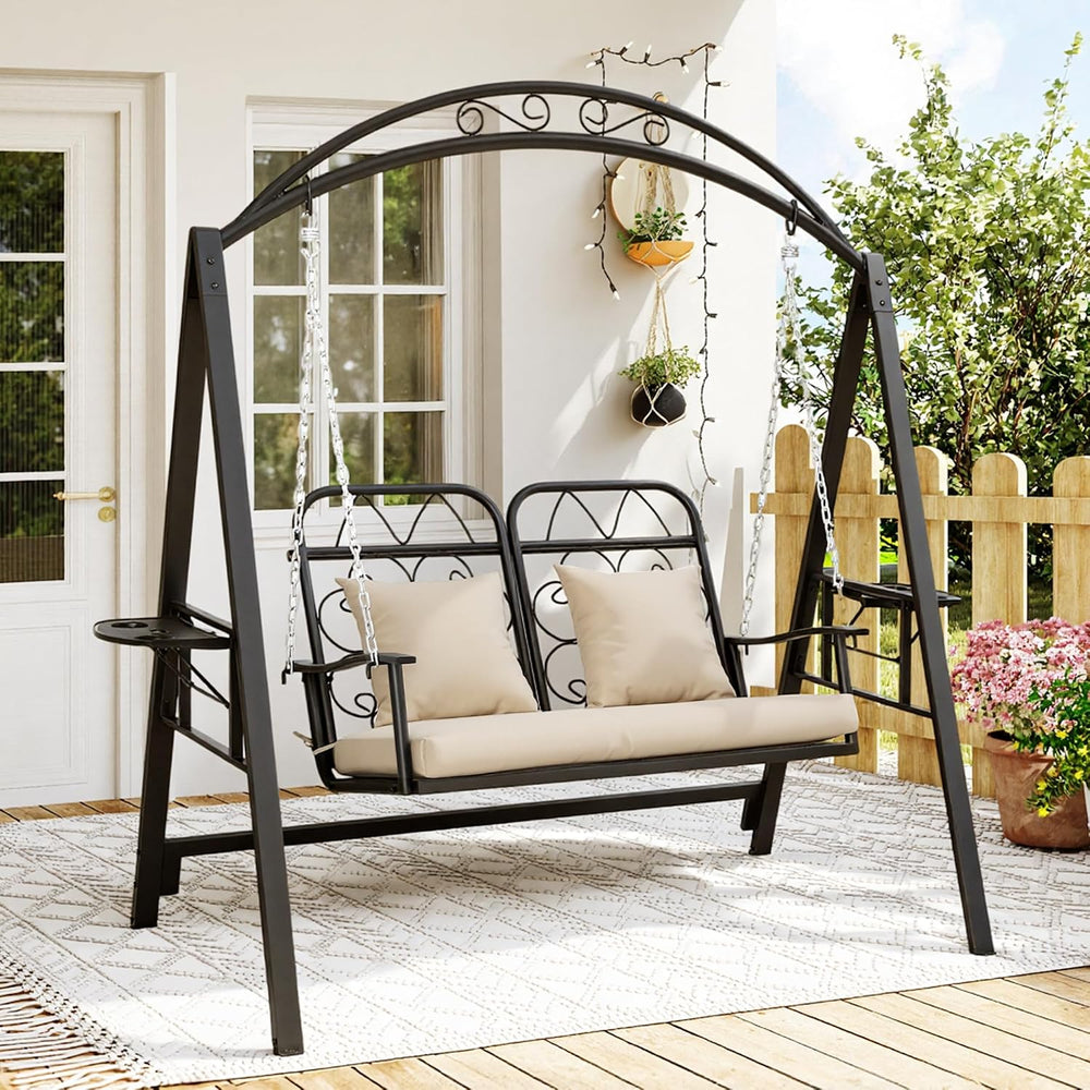 Porch Swing with Stand, 2-Person Metal Patio Swing with Cup Holder