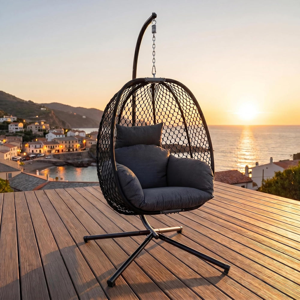 Egg Chair Outdoor with Stand, 400lbs Wicker Hanging Egg Swing Chair, Porch Sw...