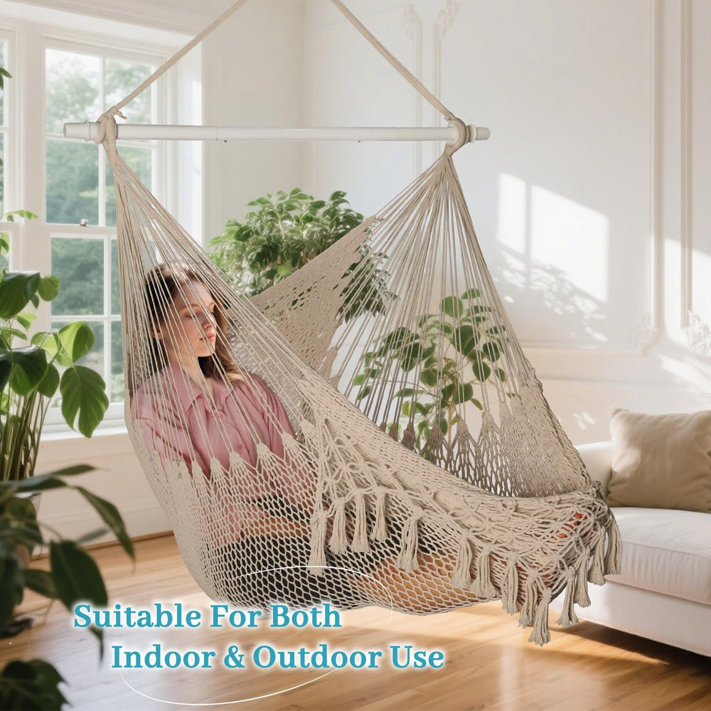 Bathonly Handwoven Cotton Rope Hammock Chair with Metal Spreader Bar, Caribbe...