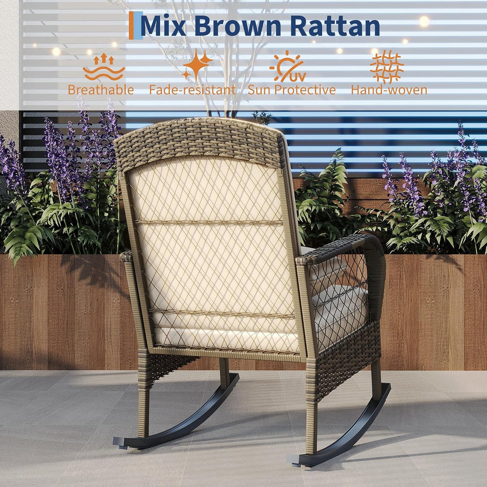 IDEALHOUSE Outdoor Wicker Rocking Chair, Patio Rattan Rocker Chair with Cushi...