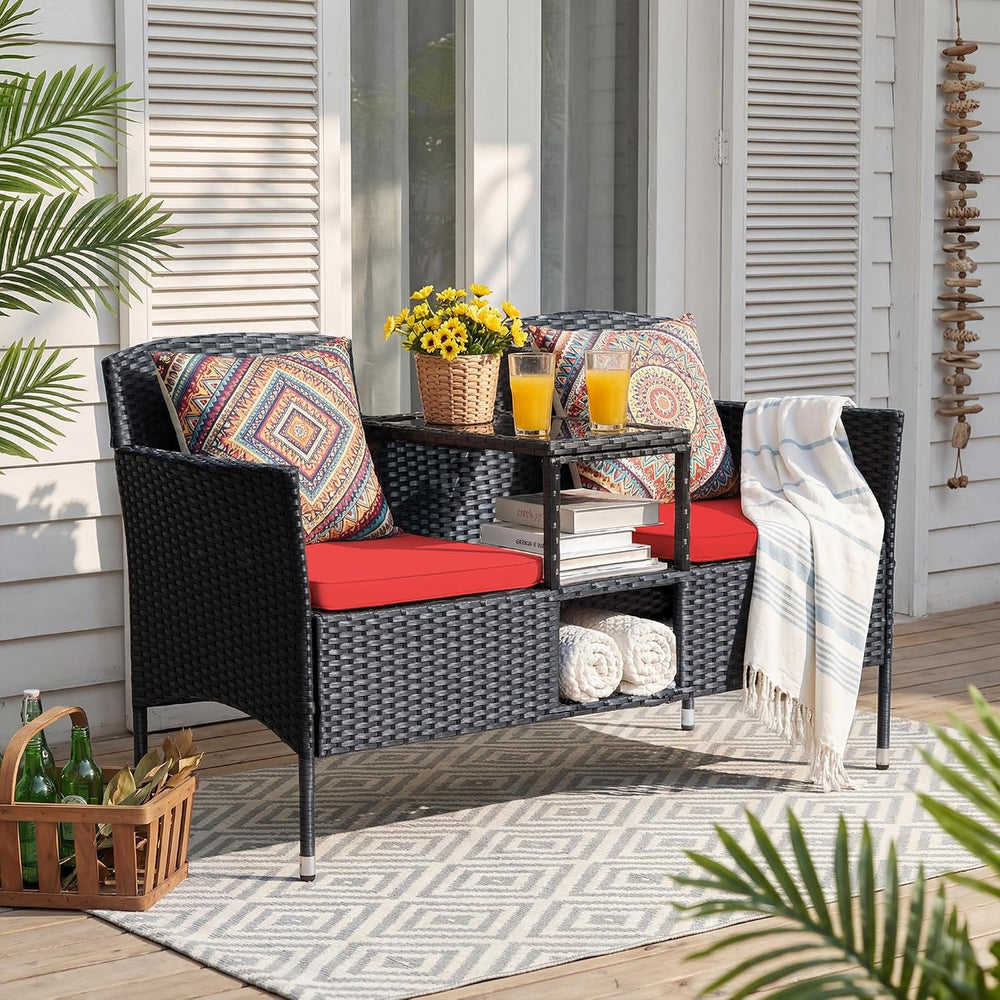 Devoko Outdoor Patio Loveseat Rattan 2-Seat Patio Conversation Set, Red