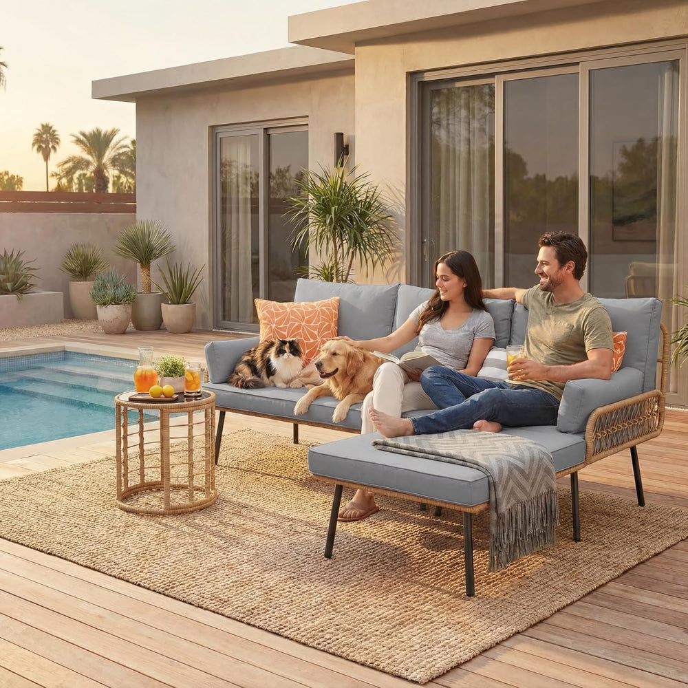 Gizoon 3-Piece Outdoor Patio Furniture Set, PE Wicker L-Shaped Sofa Grey