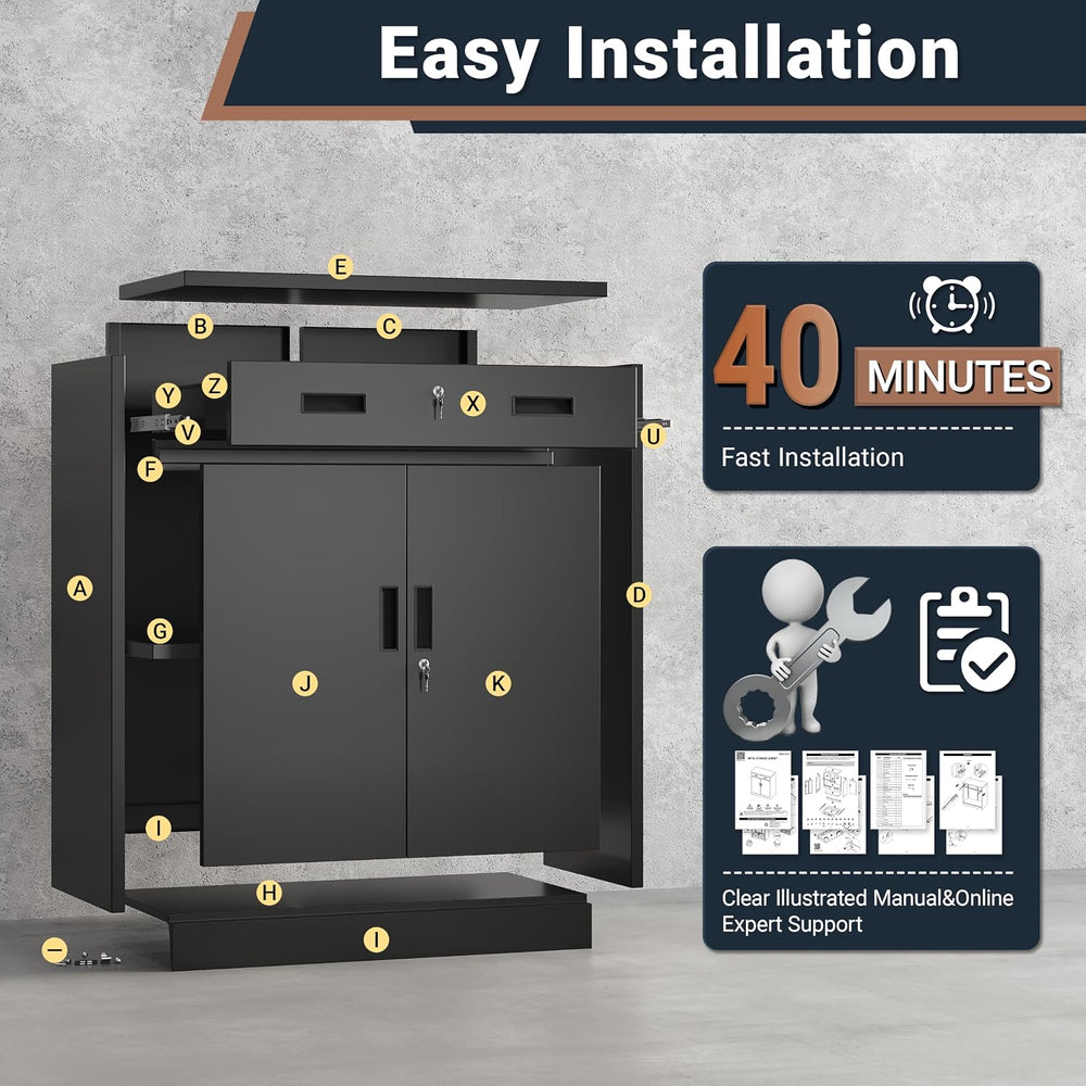 BESFUR Metal Garage Storage Cabinet with One Lockable Drawer 2 Locking Doors ...