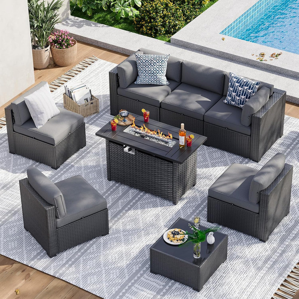 Aoxun 8 Piece Patio Furniture Set with 44" Fire Pit Table Wicker Rattan ...