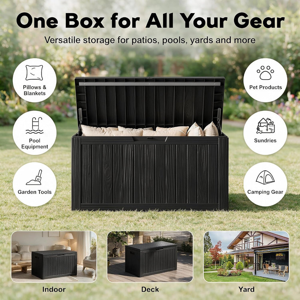 92 Gal Deck Box,Waterproof Resin Outdoor Storage Gas Lift,Lockable Black