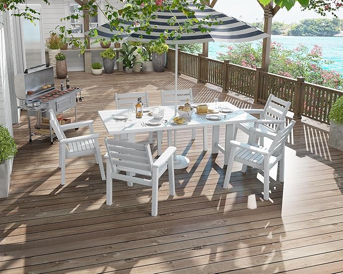 AMERLIFE 7-Piece HDPE Outdoor Dining Set with Umbrella Hole, 71" L Patio...