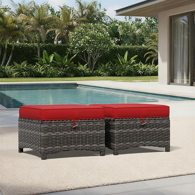 Joyside Outdoor Ottoman Set of 2, Patio Large Ottoman Foot Rest with Thickene...