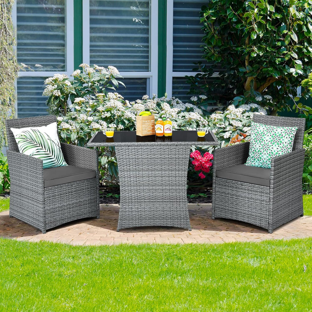 Tangkula 3 Pieces Patio Dining Set, Patiojoy Space-saving PE Rattan Bistro Se...